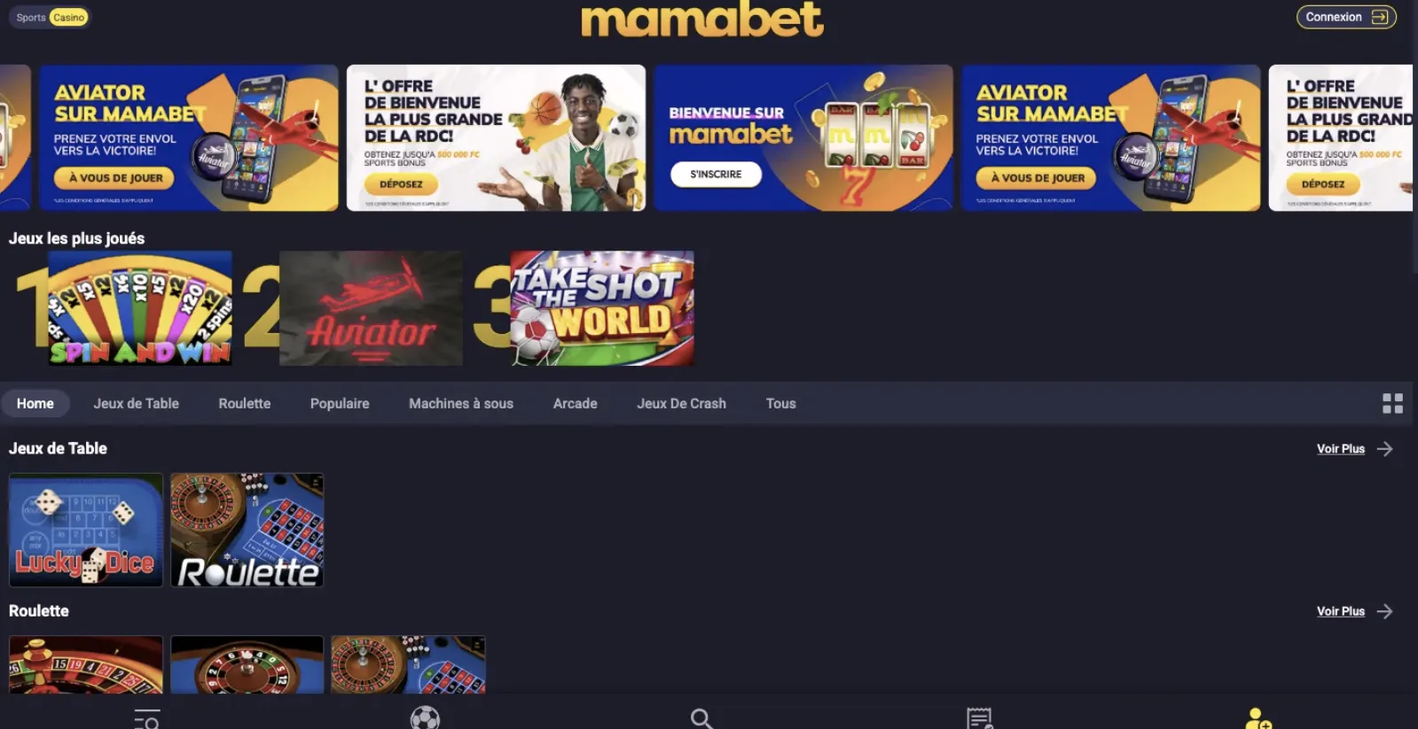 Interface Mamabet RDC sur mobile Android